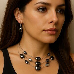 Dark Gray & Silver Beaded Necklace Set: Silver Tone Layered Illusion w/ Earrings